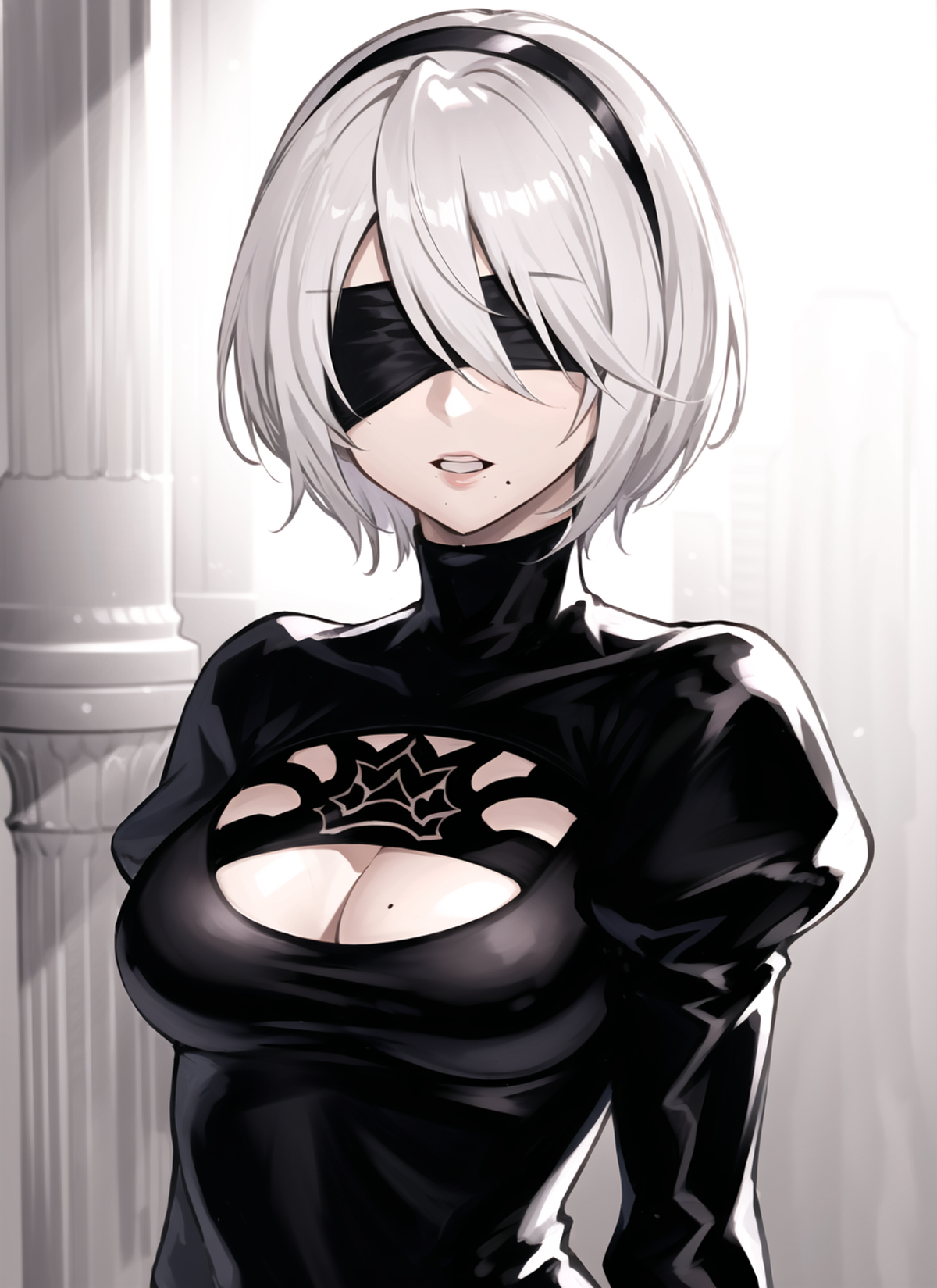 fubuki \(fakemonkey0224\), yorha no. 2 type b, 1girl, black blindfold, black hairband, blindfold, breasts, cleavage, cleav...